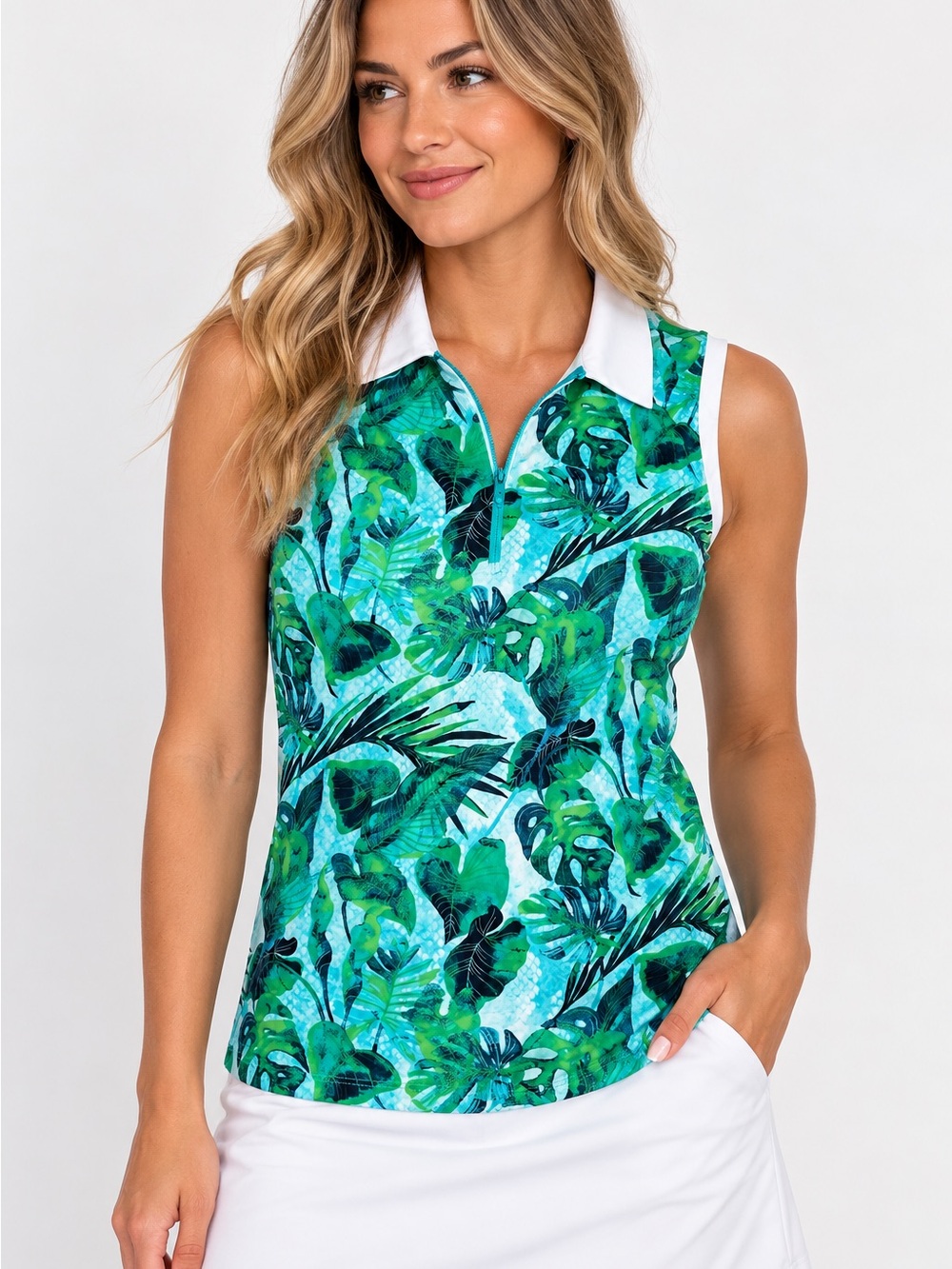 Tommy Bahama Golf Women’s Large Tropical Floral Sleeveless Quarter Zip Polo